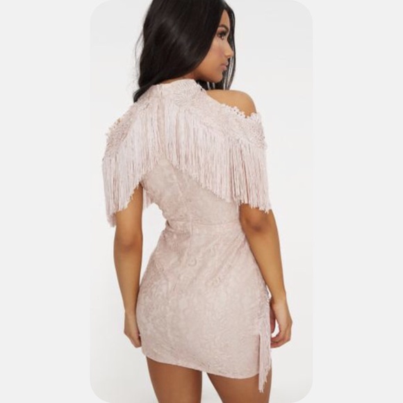 dusty pink cold shoulder lace tassel trim bodycon dress